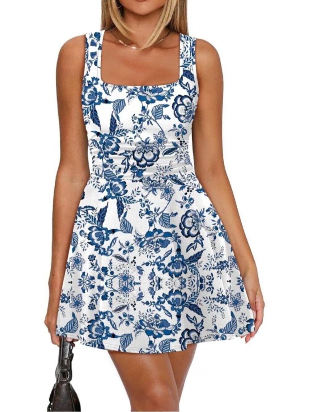 Women's Print Blue Square Neck Ruched Waist Fit Flare Pleated Pull On Mini Dress
